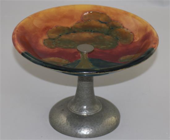 A William Moorcroft Eventide pattern Tudric pewter footed dish, 1920s, 15cm, restorations